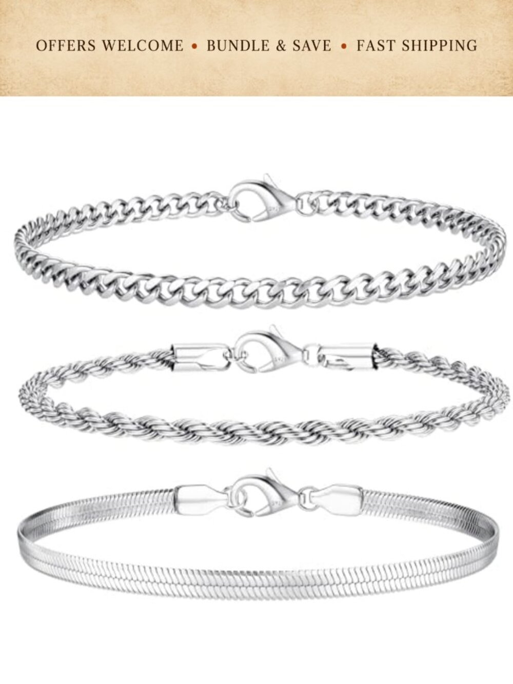 14K Gold Plated and Sterling Silver Plated Chain Bracelets Set Adjustable
